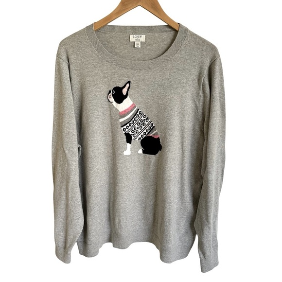 J Crew size 3X Gray Boston Terrier Dog Teddie Sweater Crewneck Cotton Knit Grey - Picture 1 of 7